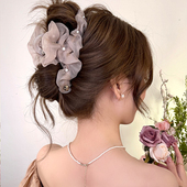 超仙珍珠网纱发夹女后脑勺显发量气质盘发抓夹女高级感大号鲨鱼夹