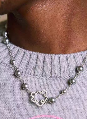 【新年款】灰色珍珠锆石项链女时尚潮流百搭拼图吊坠小众毛衣链潮