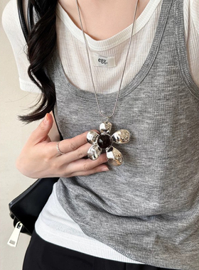 夏季新款韩系复古做旧斑驳银色花朵吊坠夸张时髦高级ins长款项链