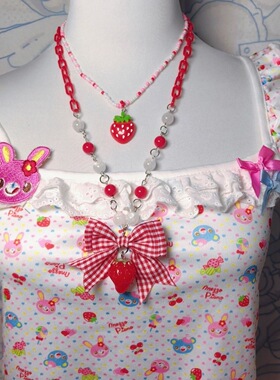 手作Lolita呲甜草莓项链甜美可爱彩色趣味百搭格子蝴蝶结软妹项链
