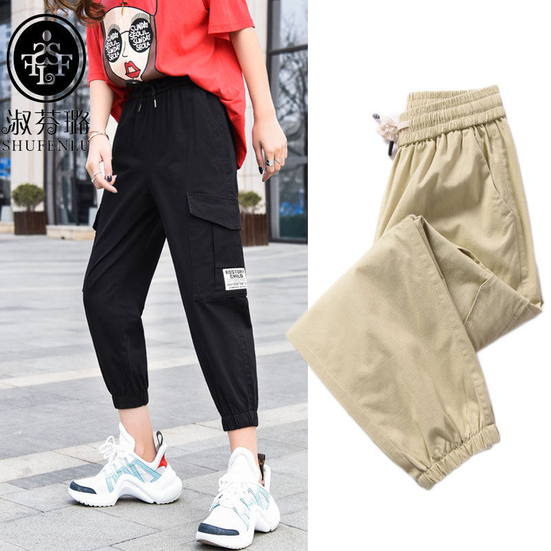法式七分工装裤女小个子夏季宽松bf显瘦束脚帅气嘻哈八分休闲裤潮