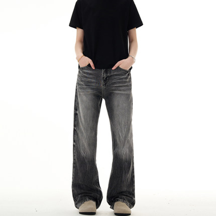 MADWITCH高街vibe闪电猫须纹水洗牛仔裤男女美式cleanfit微喇裤子