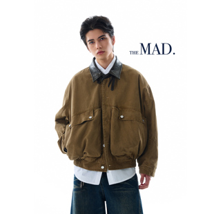 MADWITCH复古巴恩风皮领拼接夹克男女宽松休闲vintage大口袋外套