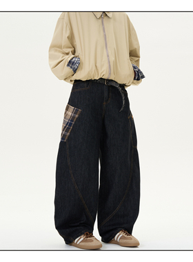 MADWITCH美式小众设计感拼接格子弯刀牛仔裤男女宽松复古休闲裤子