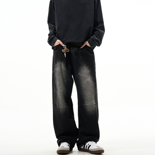 子ins 男vintage复古宽松设计感裤 MADWITCH美式 街头喷砂阔腿牛仔裤