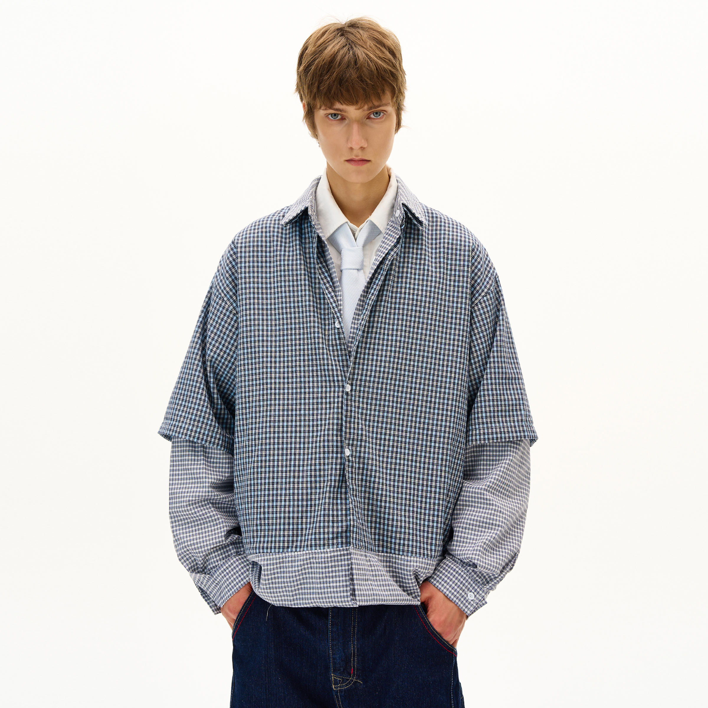 MADWITCH双穿结构拼接格纹衬衫