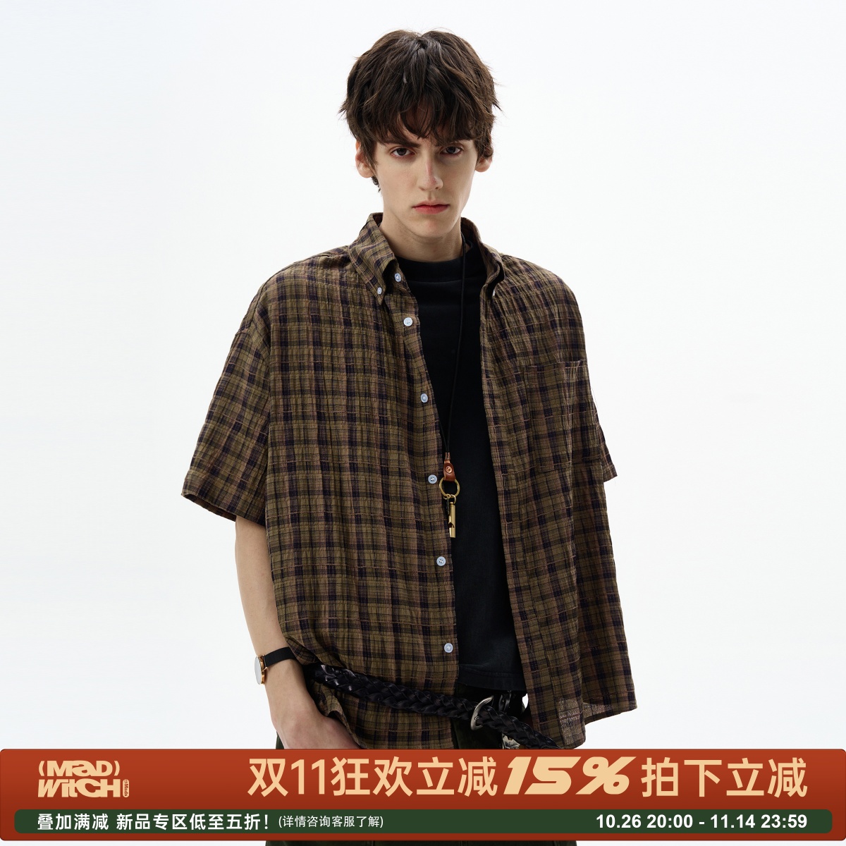 MADWITCH复古褶皱泡泡纱短袖衬衫