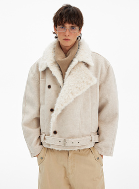 MADWITCH复古高级感双排扣毛领棉服男女冬季休闲羊毛混纺保暖外套