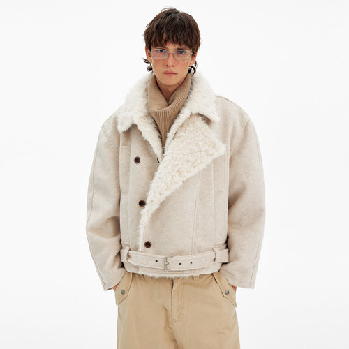 MADWITCH复古高级双排扣毛领棉服