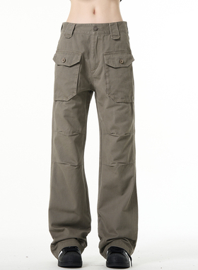 MADWITCH新款美式复古直筒休闲工装裤男设计感大口袋双褶显瘦裤子