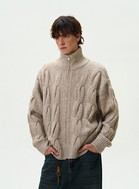 MADWITCH复古麻花纹针织开衫男女秋冬慵懒氛围感高密半高领毛衣潮