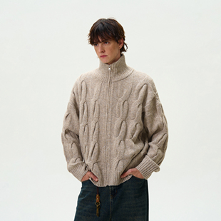 MADWITCH复古麻花纹针织开衫男女秋冬慵懒氛围感高密半高领毛衣潮