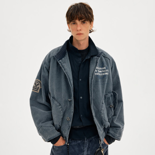 MADWITCH冬季美式水洗重磅立领工装棉服男女复古痞帅做旧短款外套