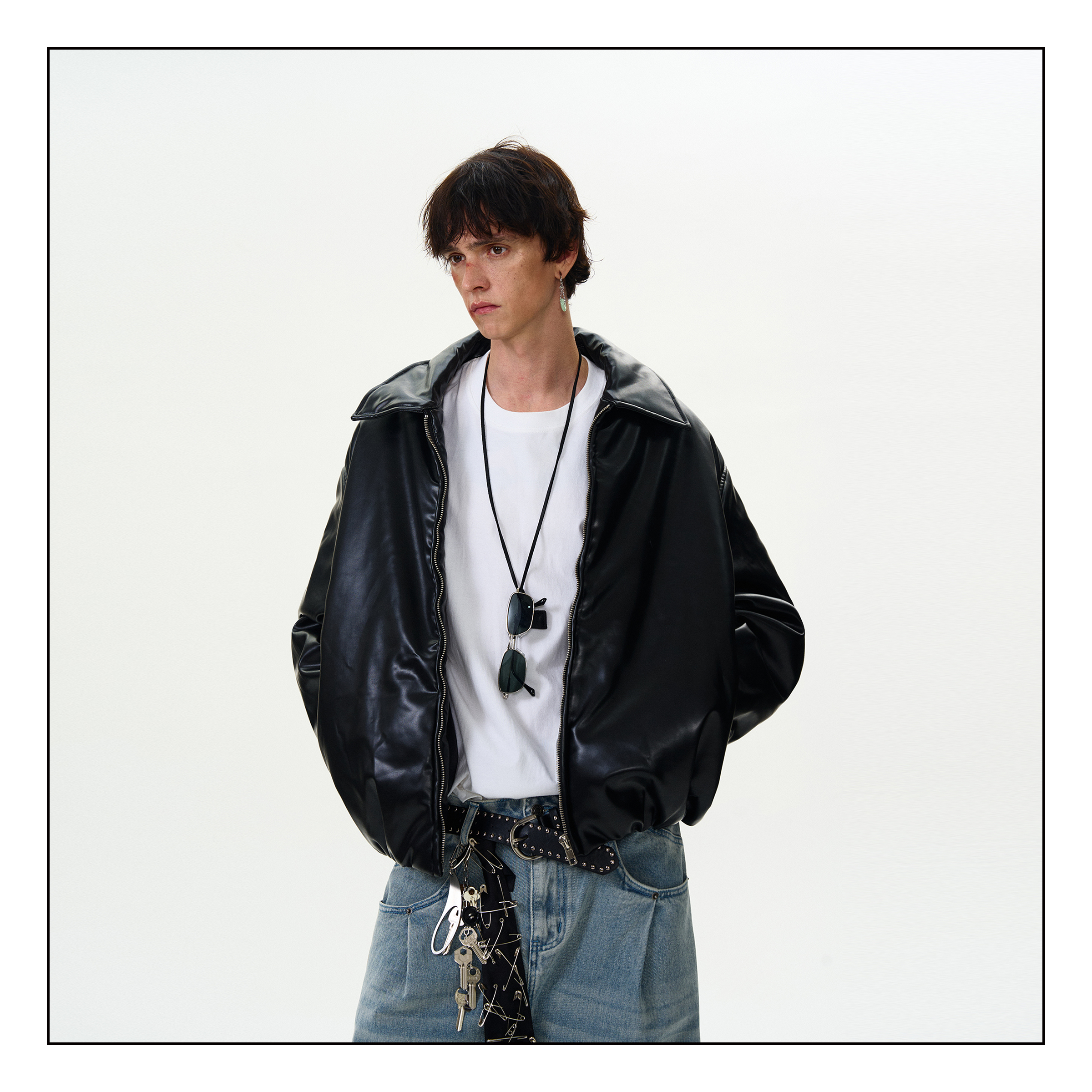 MADWITCH美式复古短款pu皮棉服