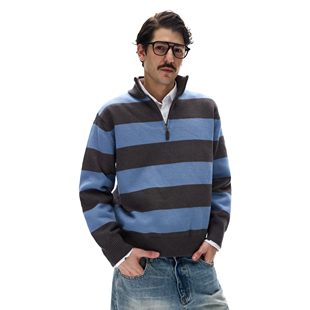 MADWITCH秋冬复古撞色条纹针织衫男女轻奢休闲半拉链松弛感毛衣潮