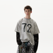 MADWITCH复古废土风假两件拼接迷彩长袖 街头潮牌上衣ins T恤男美式