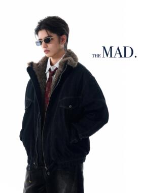MADWITCH复古重工水洗牛仔座山雕外套男加厚保暖毛领cleanfit棉服