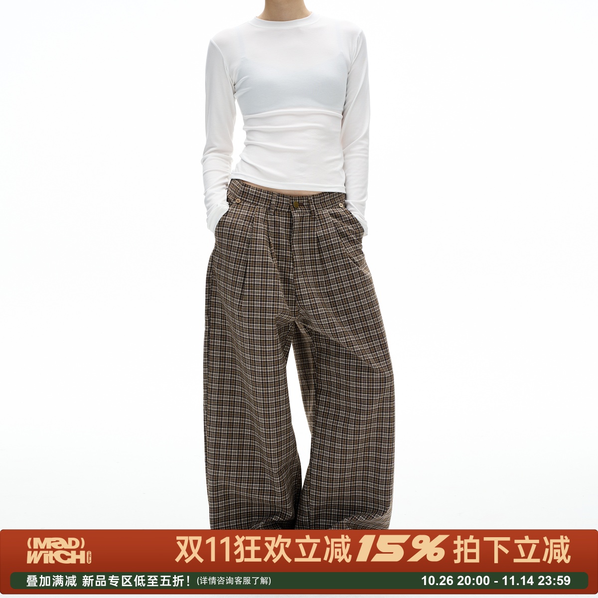 MADWITCH老钱风褶皱格子休闲裤潮