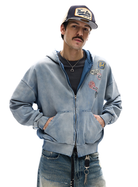 MADWITCH复古做旧磨破标签印花连帽卫衣男女短款设计感开衫外套潮