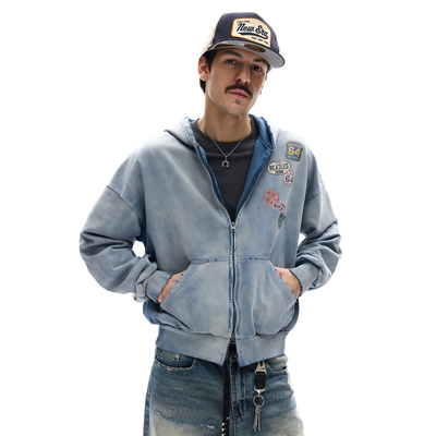 MADWITCH复古做旧磨破标签印花连帽卫衣男女短款设计感开衫外套潮