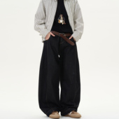 百搭直筒宽松休闲裤 MADWITCH复古丹宁黑色阔腿弯刀牛仔裤 男女美式