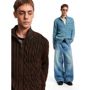 MADWITCH秋冬复古水洗麻花坑条设计针织毛衣男女宽松休闲开衫外套