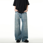 男女宽松休闲小众设计感直筒裤 MADWITCH美式 高街潮牌泼墨牛仔裤 子