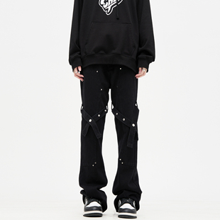 裤 男黑色休闲工装 子 牛仔裤 MADWITCH原创设计高街绑带微喇直筒裤