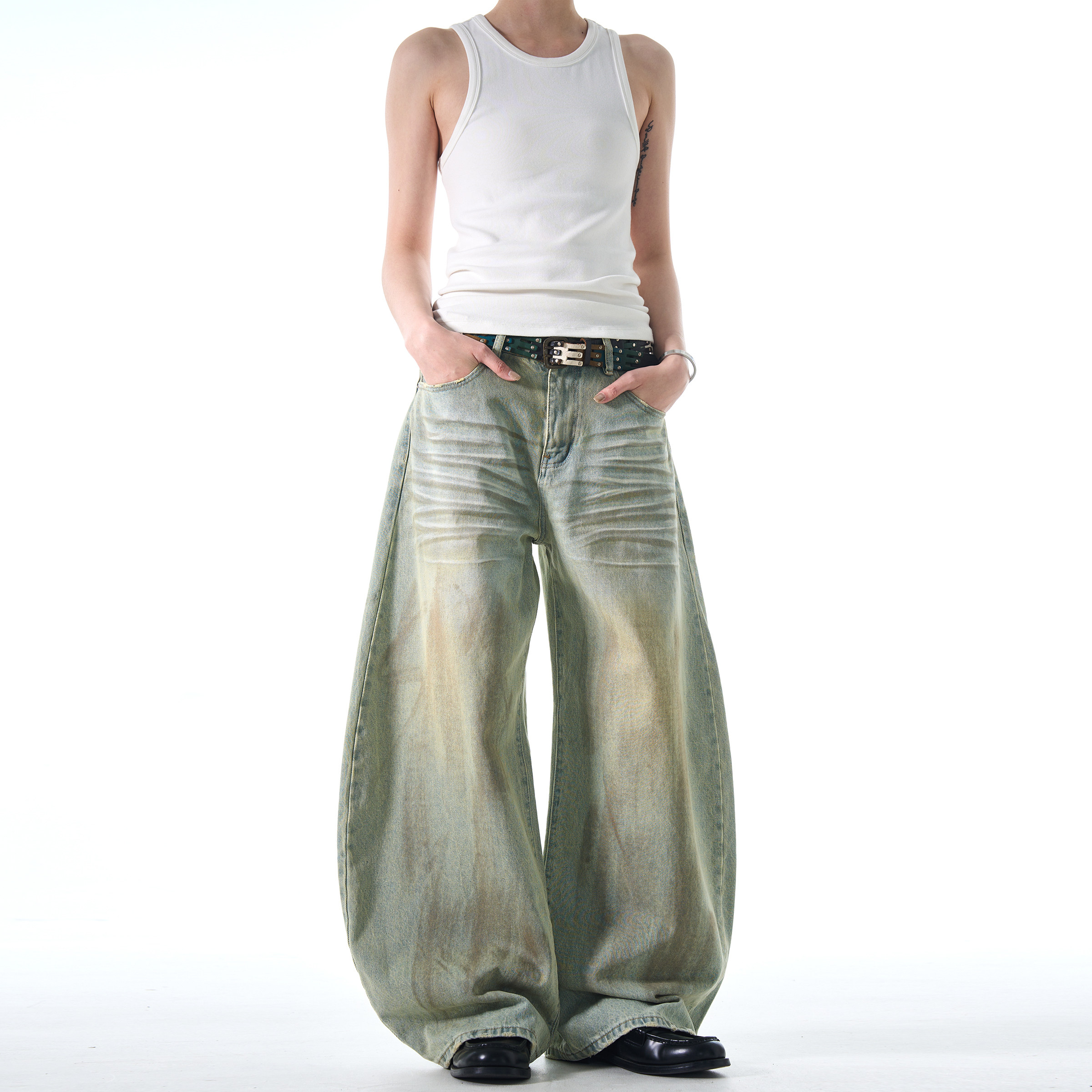 MADWITCH复古废土风镰刀牛仔裤男女宽松休闲痞帅做旧喷脏阔腿裤子,男装,牛仔裤,淘宝优惠券,粉丝福利购,淘宝优惠卷