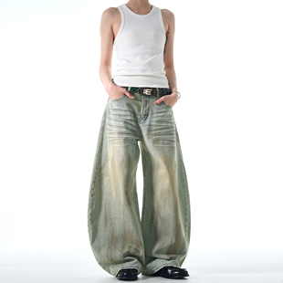 MADWITCH复古废土风镰刀牛仔裤男女宽松休闲痞帅做旧喷脏阔腿裤子