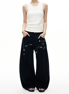 MADWITCH美式花卉刺绣设计感弯刀工装裤男女宽松休闲百搭阔腿裤子