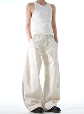 MADWITCH美式小众设计感泼墨伐木裤男女复古做旧休闲弯刀牛仔裤潮