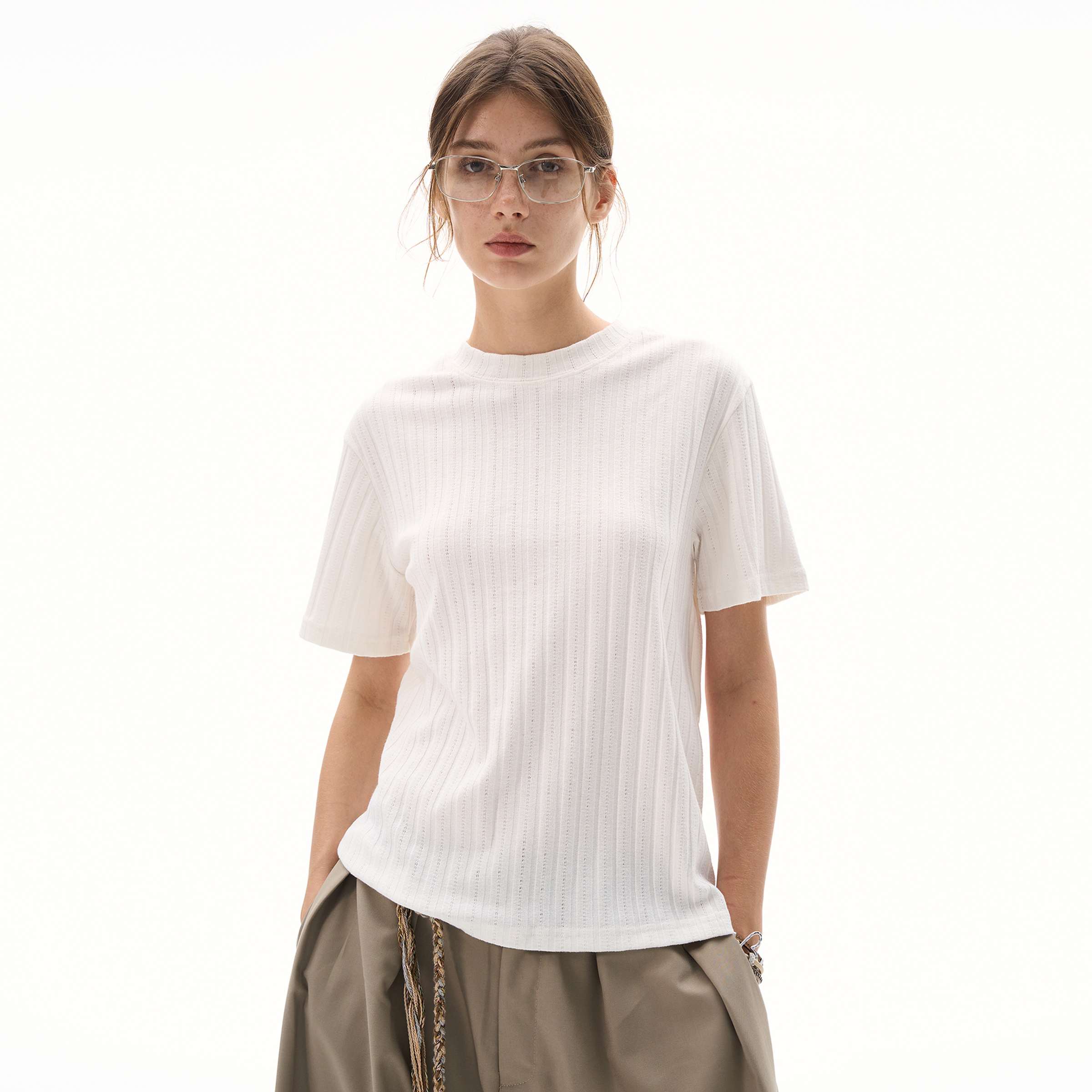 MADWITCH极简圆领提花针织短袖女