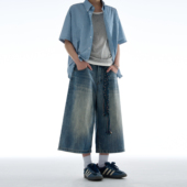 男女宽松直筒设计感休闲裤 MADWITCH美式 复古水洗竹节纹七分牛仔裤