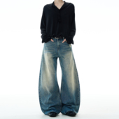 男女复古高街休闲破洞阔腿裤 MADWITCH美式 痞帅做旧破坏弯刀牛仔裤