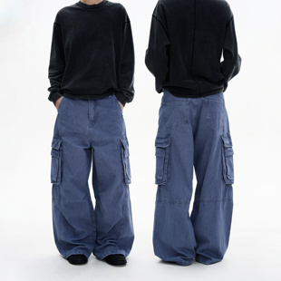 MADWITCH复古法工蓝做旧褶皱工装裤男女宽松直筒痞帅设计感休闲裤