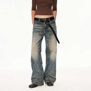 MADWITCH复古高街水洗猫须做旧牛仔裤 子 男女宽松直筒痞帅设计感裤