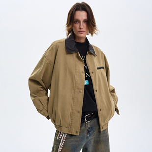 MADWITCH复古巴恩风撞色皮领夹克男宽松休闲廓形vintage工装 外套