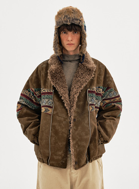 MADWITCH复古民族风仿麂皮刺绣棉服男女冬季休闲加厚保暖毛领外套