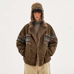 MADWITCH复古民族风仿麂皮刺绣棉服男女冬季休闲加厚保暖毛领外套