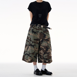 七分裤 MADWITCH复古迷彩做旧磨破牛仔中裤 男女宽松休闲设计感工装