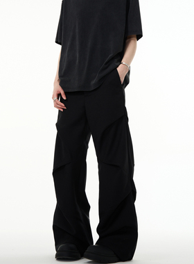 MADWITCH美式复古cleanfit高级感休闲裤褶皱设计宽松微喇黑色长裤