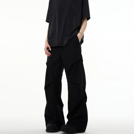 MADWITCH美式复古cleanfit高级感休闲裤褶皱设计宽松微喇黑色长裤