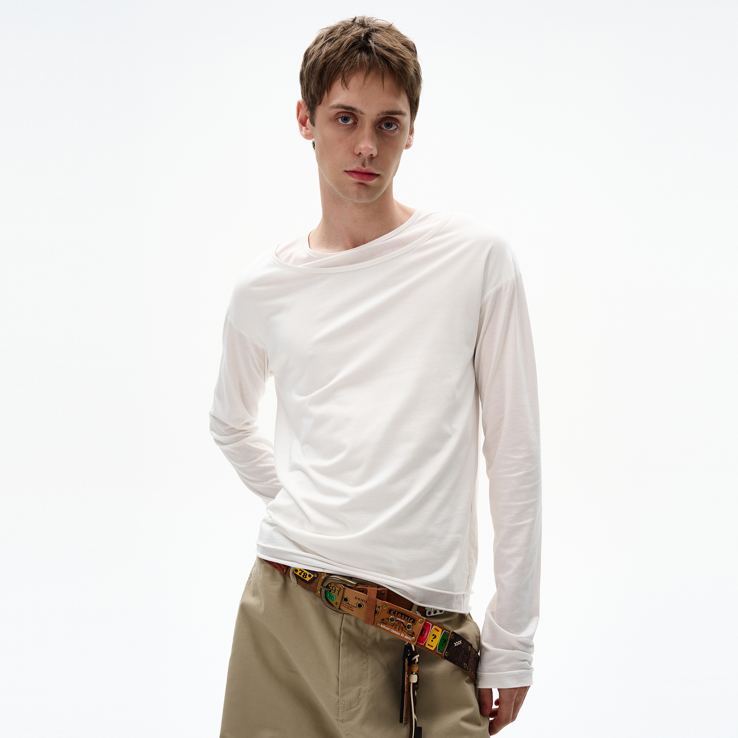 MADWITCH美式简约双层领长袖T恤