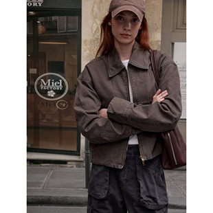 MADWITCH美式复古酵洗翻领工装夹克女修身小板型做旧水洗短款外套