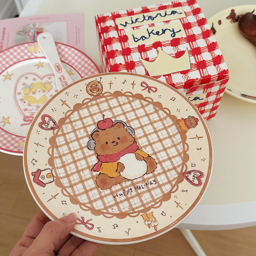 粉色ins风高颜值小熊小狗盘子复古卡通陶瓷餐具甜品盘平盘西餐盘