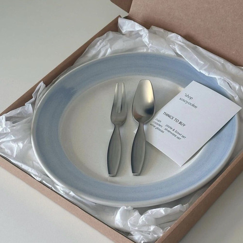 茶系奶蓝渐变手绘釉下彩餐盘家用甜品盘菜盘水果盘复古冷淡系盘子