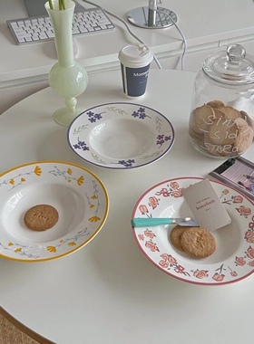 复古陶瓷花边草帽盘ins韩式手绘花朵盘子家用意面盘子餐具盘9英寸