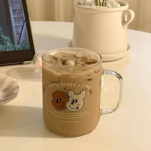 原创自制ins风小熊玻璃杯可爱少女心牛奶杯果汁杯法式甜品杯