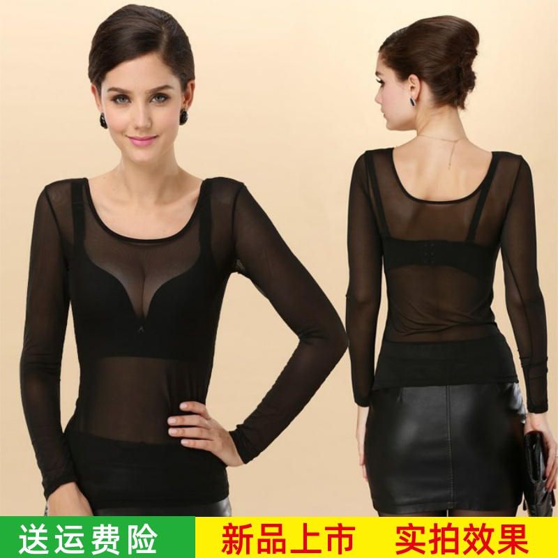 新品黑色透明打底衫网纱超薄款纱网内搭沙t恤长袖性感蕾丝上衣女